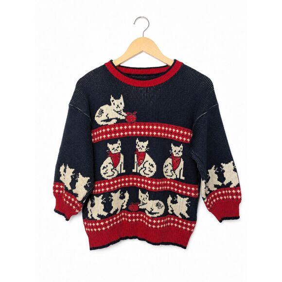 The Unbranded Brand Sweaters - Vintage Navy & Red Cat Lover's Novelty Knit Sweater Cottagecore Grandmacore